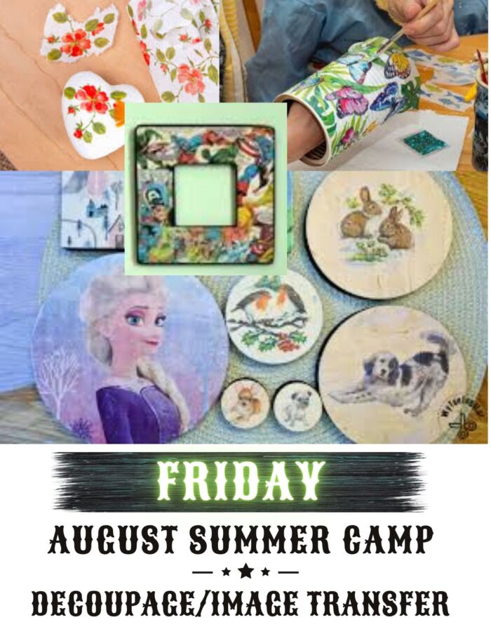 ArtSPREE Youth Studio *FRIDAY morning Aug.15* Paper mache/decoupage (image and photo transfer) Julie Wurtele (materials included) 9:30am-12:30pm
